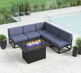 LayinSun Large Aluminum Patio Furniture Set with Fire Pit Table, 6 Pieces Modern Outdoor Conversation Set Sectional Metal Sofa Set with Olefin Cushion LayinSun