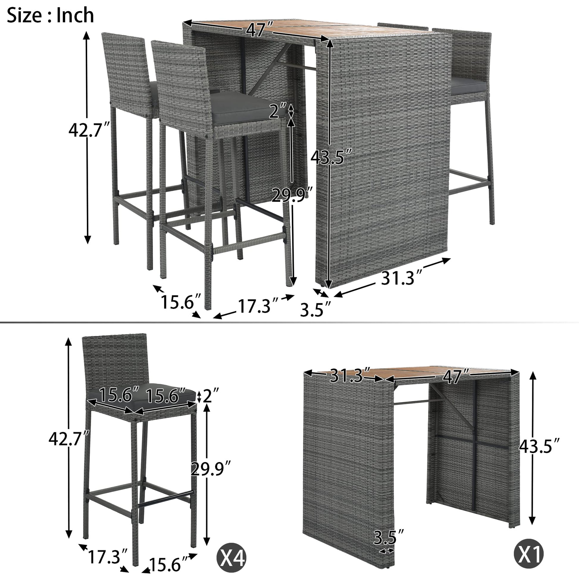 Hlcodca 5-pieces Outdoor Patio Wicker Bar Set,5-Piece Outdoor Patio Dining Set,Bar Height Chairs with Non-Slip Feet and Fixed Rope, Removable Cushion, Acacia Wood Table Top - WoodArtSupply