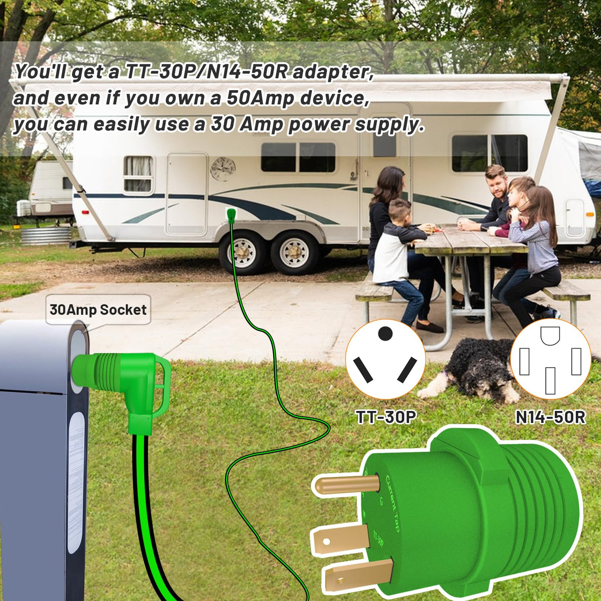 RVPLAN 25 FT 50 Amp RV/EV Extension Cord Outdoor Waterproof,4 Prong Flexible Heavy Duty STW RV Power Cord,NEMA 14-50P/R Standard Plug Suit for EV Charging and RV Trailer Campers, Black-Green,ETL RVPLAN