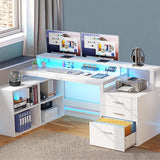 YITAHOME L Shaped Desk with 3 Drawers, 65" Corner Computer Desk with Power Outlets & LED Lights, L-Shaped Desk with File Cabinet & Printer Stand for Home Office, White YITAHOME