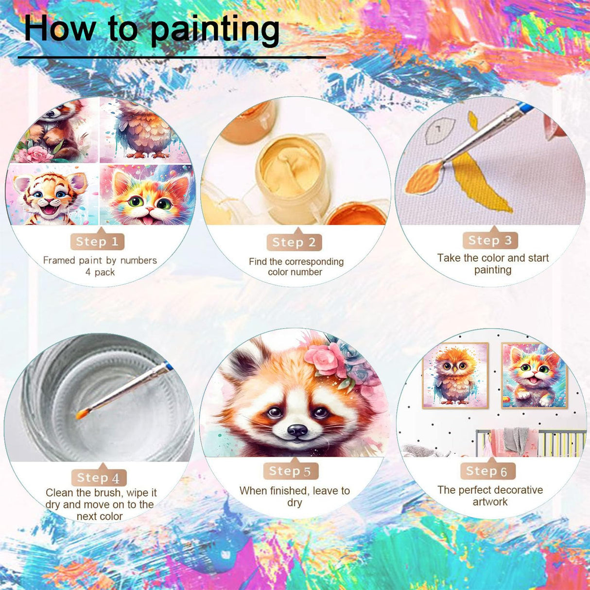 bleihum 4 Pack Paint by Numbers Kit for Kids Ages 4-8-12, Animal Paint by Number for Kids, DIY Acrylic Oil Painting Kit for Home Wall Decor(Frameless,8X8inch) bleihum