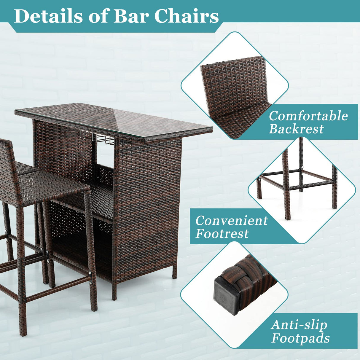 Tangkula Outdoor Bar Set, 3 Pieces Patio Wicker Bar Height Table and Chair Set with 3 Rows Stemware Racks, Hidden Storage Shelf, Tempered Glass Tabletop, 2 Stools for Backyard, Poolside (Mix Brown) Tangkula