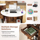 Giantex Reception Desk, Front Counter Desk with Lockable Drawer, Oval Tabletop & Adjustable Shelf, Retail Register Stand, Checkout Table for Office Beauty Salon Reception Room (White & Rustic Brown) Giantex