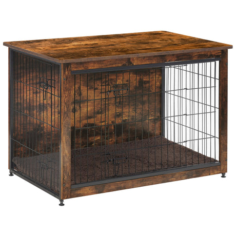 DWANTON Dog Crate Furniture with Cushion, Wooden Dog Crate Table, Double Doors Dog Furniture, Indoor Dog Kennel, Dog House, Dog Cage Large, 38.5" L, Rustic Brown Dwanton