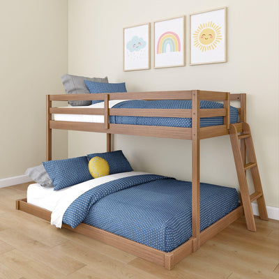 Grain & Grove Bear Twin Over Full Bunk Bed, Low Bunk Bed Frame for Kids, Bunk with Ladder, Guardrail, and Slats, No Box Spring Required, Oak Embossed Pecan