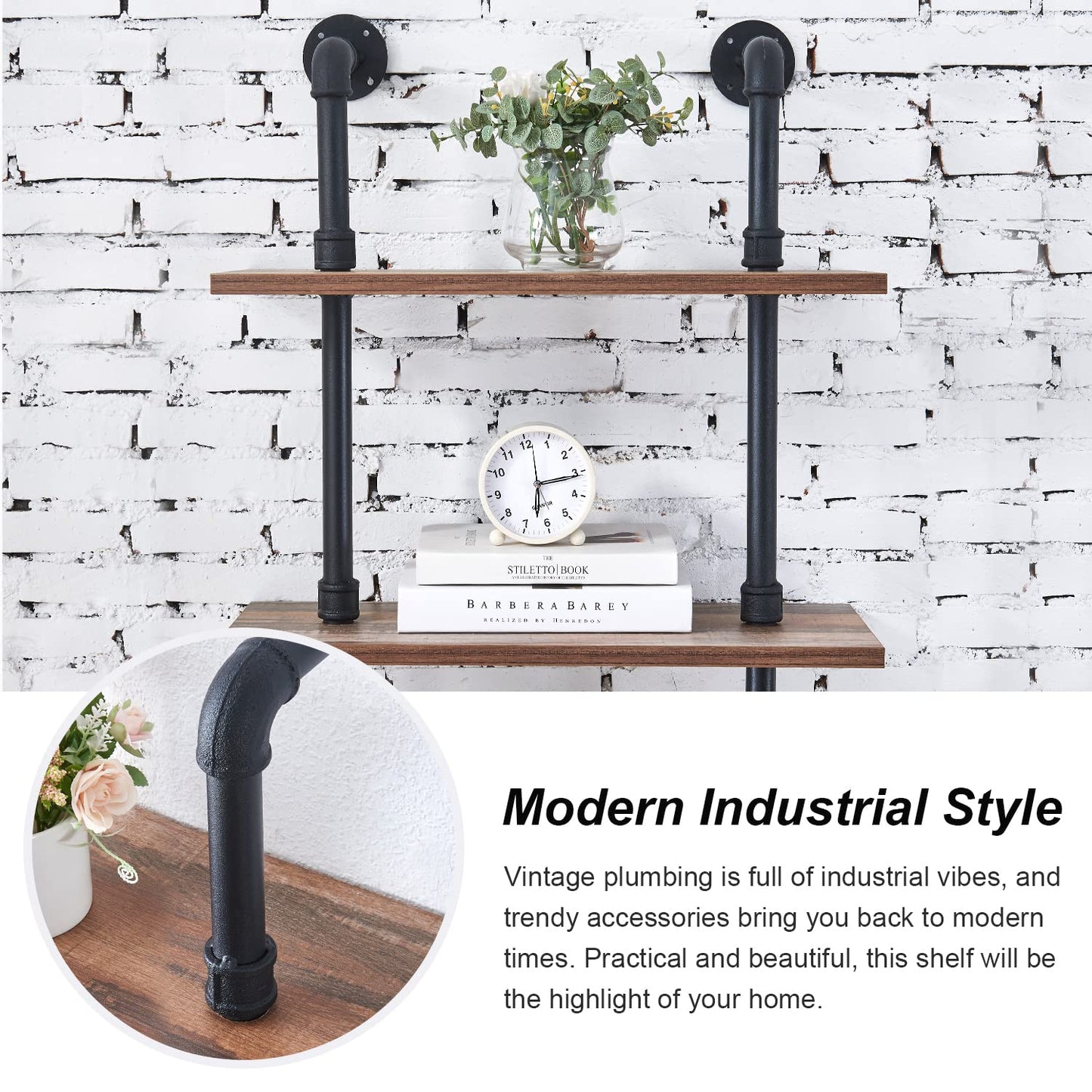 HOMBAZAAR Industrial 6-Tier Wall Mounted Bookshelf with Metal Frame in Oak Brown - WoodArtSupply