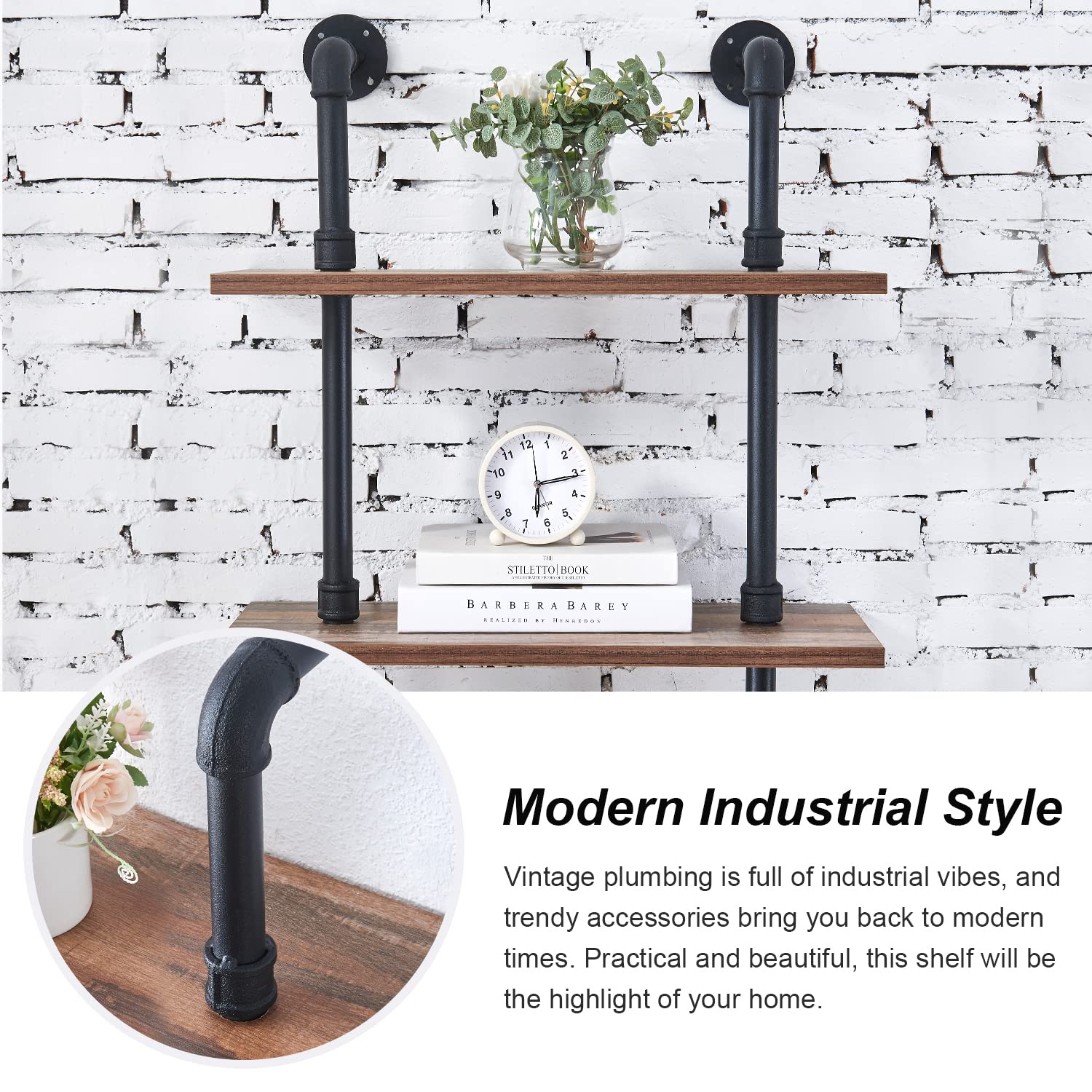 HOMBAZAAR 5-Tier Industrial Pipe Ladder Shelf - Oak Brown Wall Mounted Bookshelf for Home and Office - WoodArtSupply