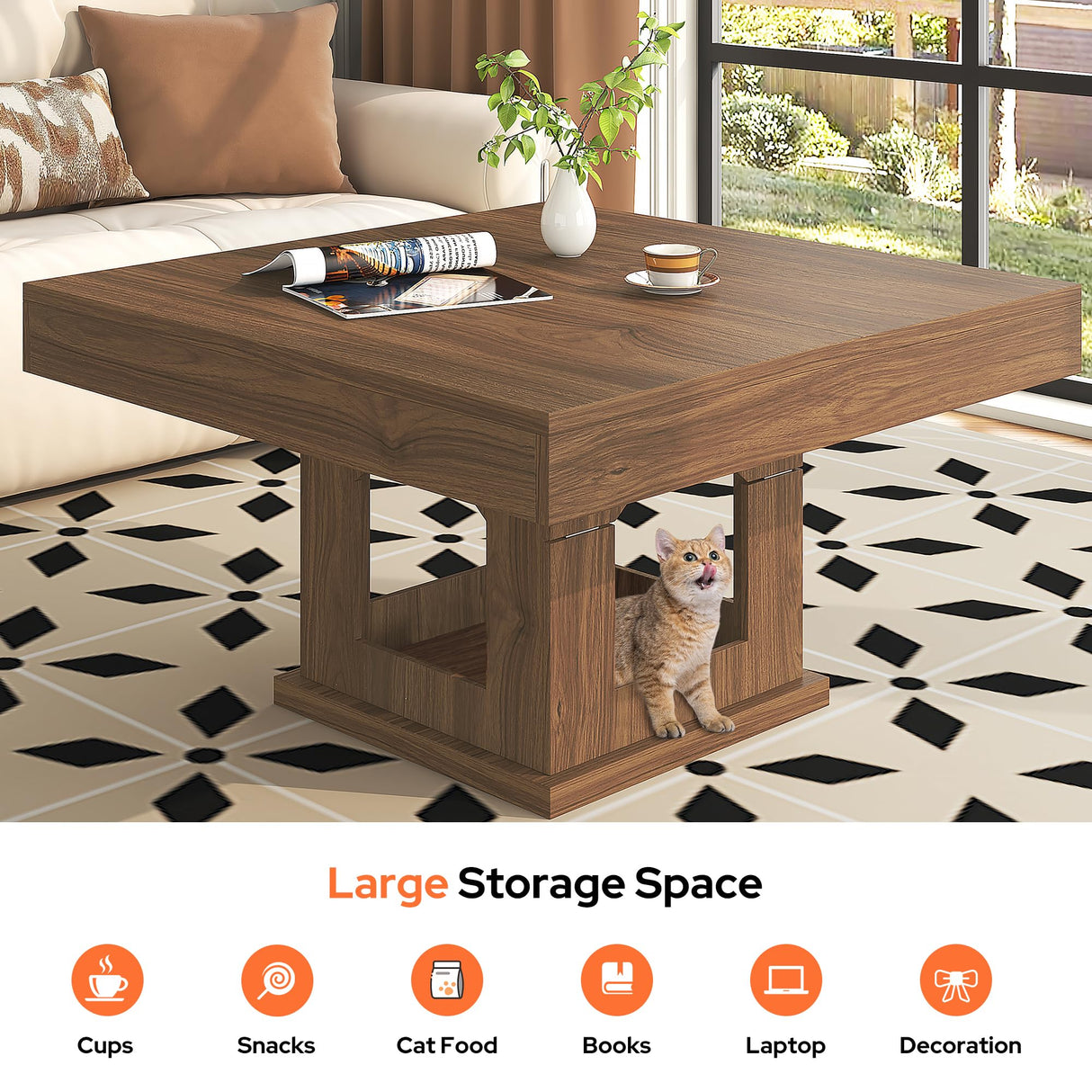knoworld Square Coffee Table, Wooden Coffee Table with Storage and Cat House, Rustic Brown Cocktail Table for Living Room, Farmhouse Large Center Table knoworld