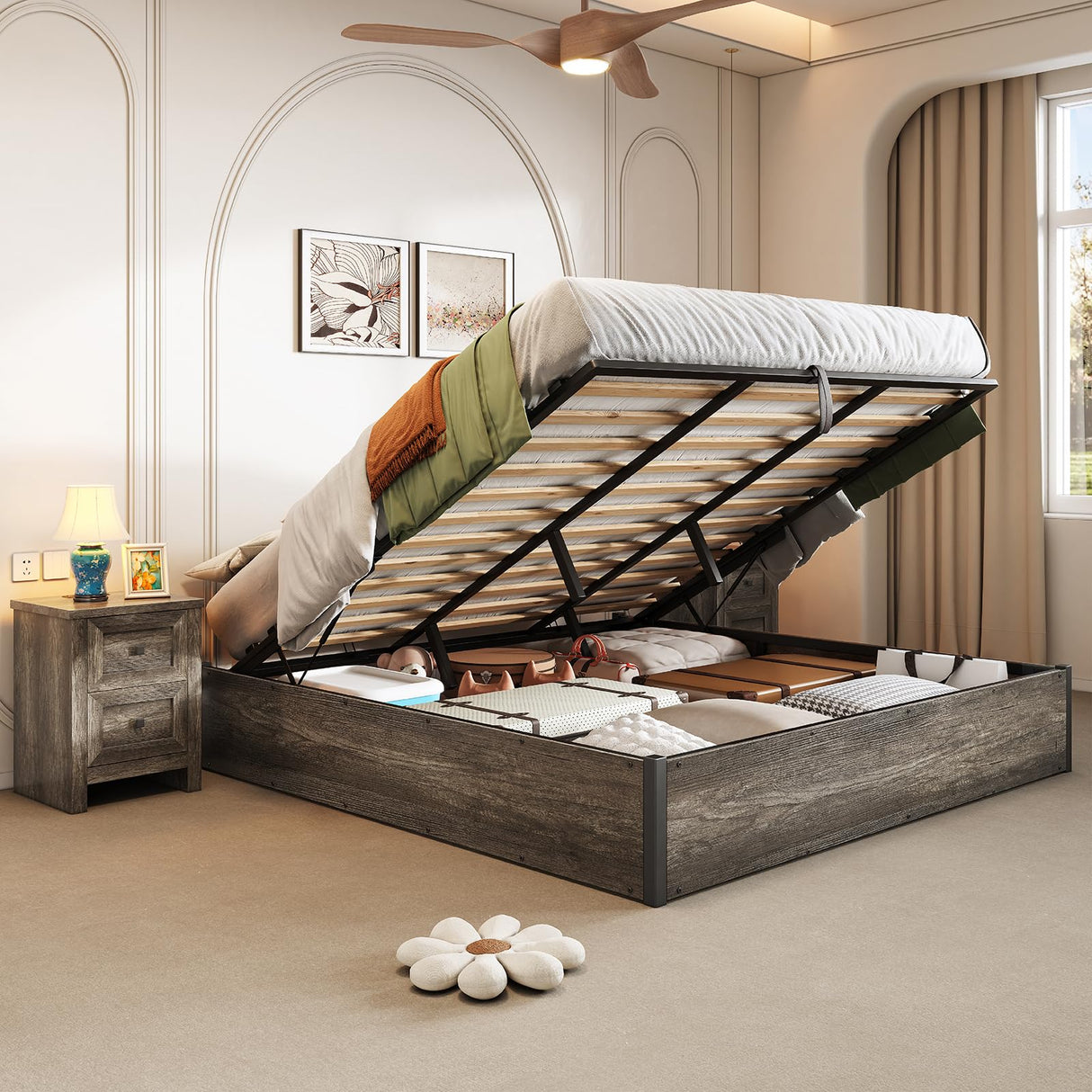 AMERLIFE Lift Up Storage Bed, King Bed Frame with Storage Underneath, Wooden Platform Bed Frame, Solid Wood Slats Support, No Fixed Headboard, No Box Spring Needed, Rustic Grey AMERLIFE