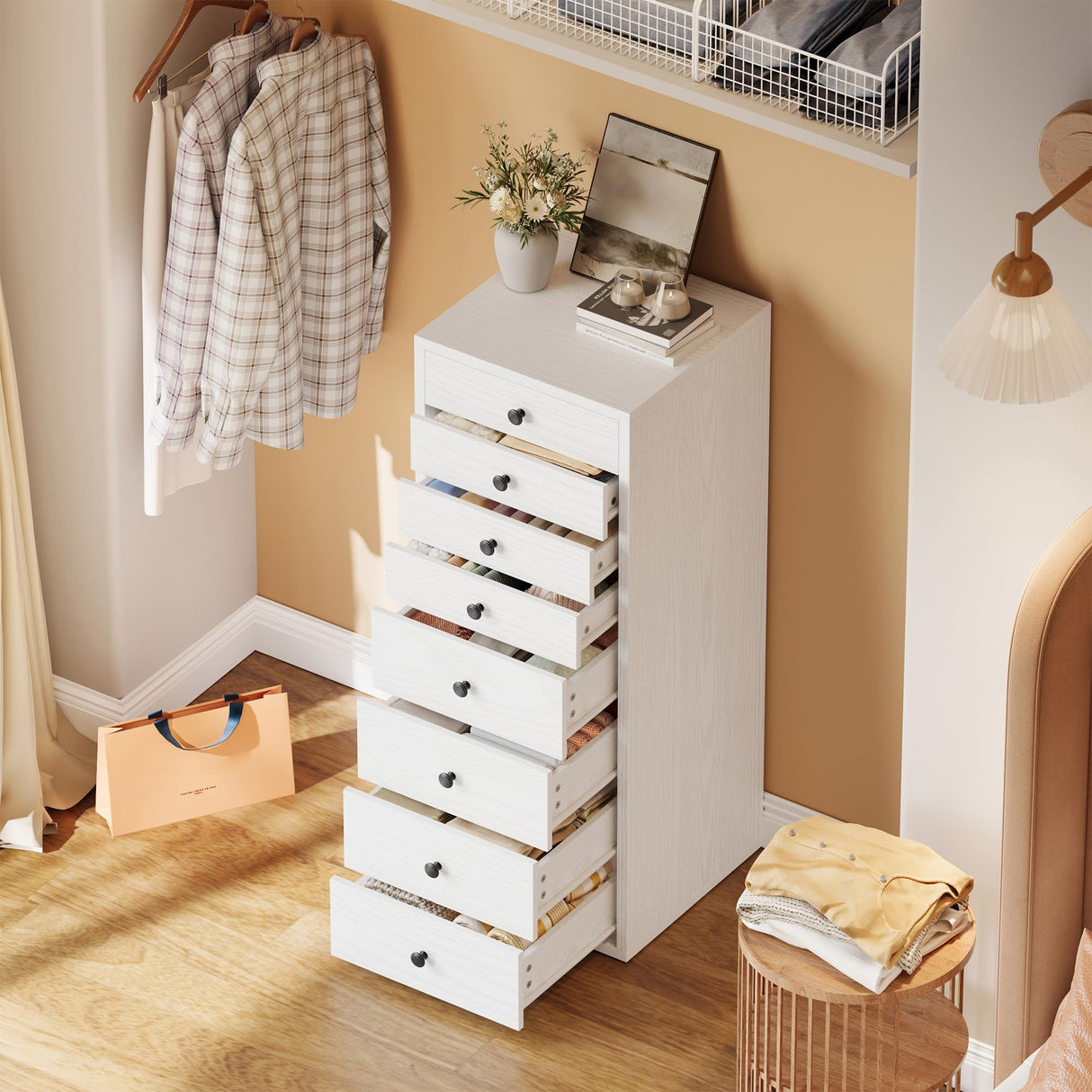 LIKIMIO Tall Dresser, Small Dressers with 8 Storage Drawers, Chest of Drawers for Organizing, Tall Narrow Dresser for Bedroom, White LIKIMIO