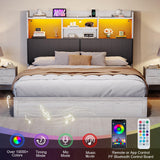 YUMPIE King Bed Frame with Bookcase Headboard, Farmhouse Upholstered Platform Bed with 4 Storage Drawers, LED Bed with Charging Station, Wood Slats Support, No Box Spring Needed, Distressed White YUMPIE