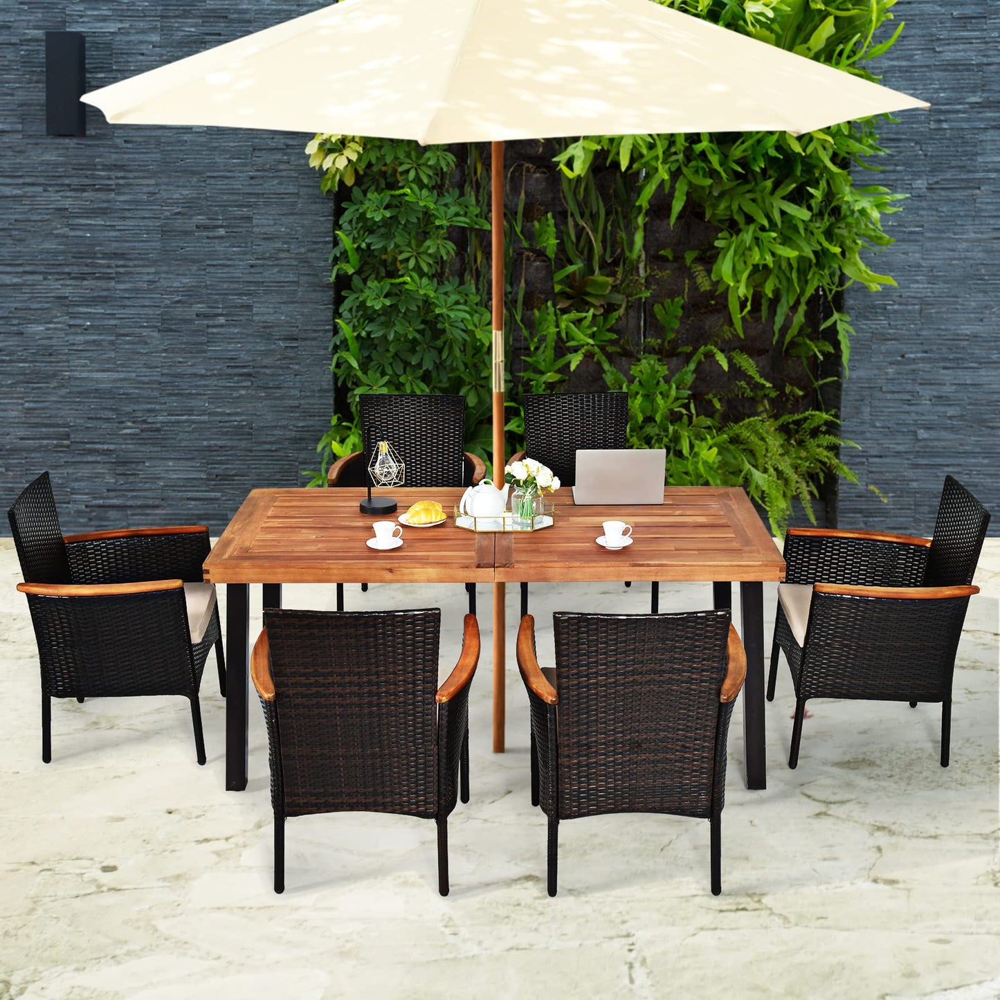 Tangkula 7 Pieces Patio Dining Set, Patiojoy Outdoor Conversation Set w/Acacia Wood Top Table & 6 Stackable Rattan Chairs, Wicker Dining Furniture w/Umbrella Hole, Steel Frame, Sponge Seat Cu - WoodArtSupply