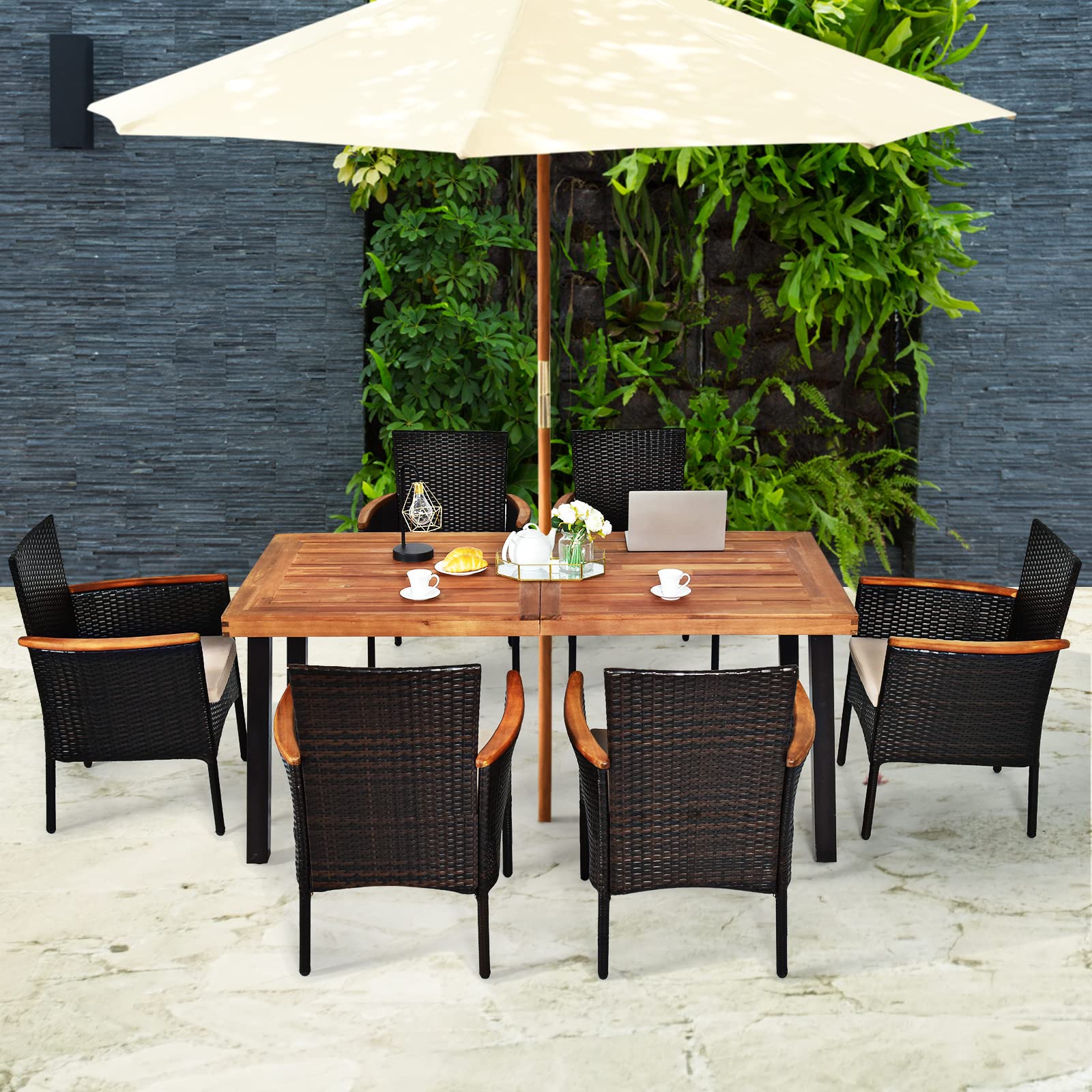 Tangkula 7 Pieces Patio Dining Set, Patiojoy Outdoor Conversation Set w/Acacia Wood Top Table & 6 Stackable Rattan Chairs, Wicker Dining Furniture w/Umbrella Hole, Steel Frame, Sponge Seat Cu - WoodArtSupply