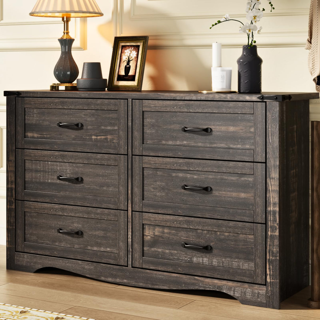 Loomie Farmhouse 6 Drawers Double Dresser for Bedroom, Modern White Dresser Chest of Drawers, Wide Dressers Organizer, Accent Storage Cabinet for Closet, Living Room, Hallway, Dark Rustic Oak Loomie