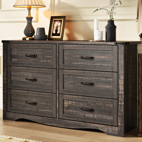 Loomie Farmhouse 6 Drawers Double Dresser for Bedroom, Modern White Dresser Chest of Drawers, Wide Dressers Organizer, Accent Storage Cabinet for Closet, Living Room, Hallway, Dark Rustic Oak Loomie
