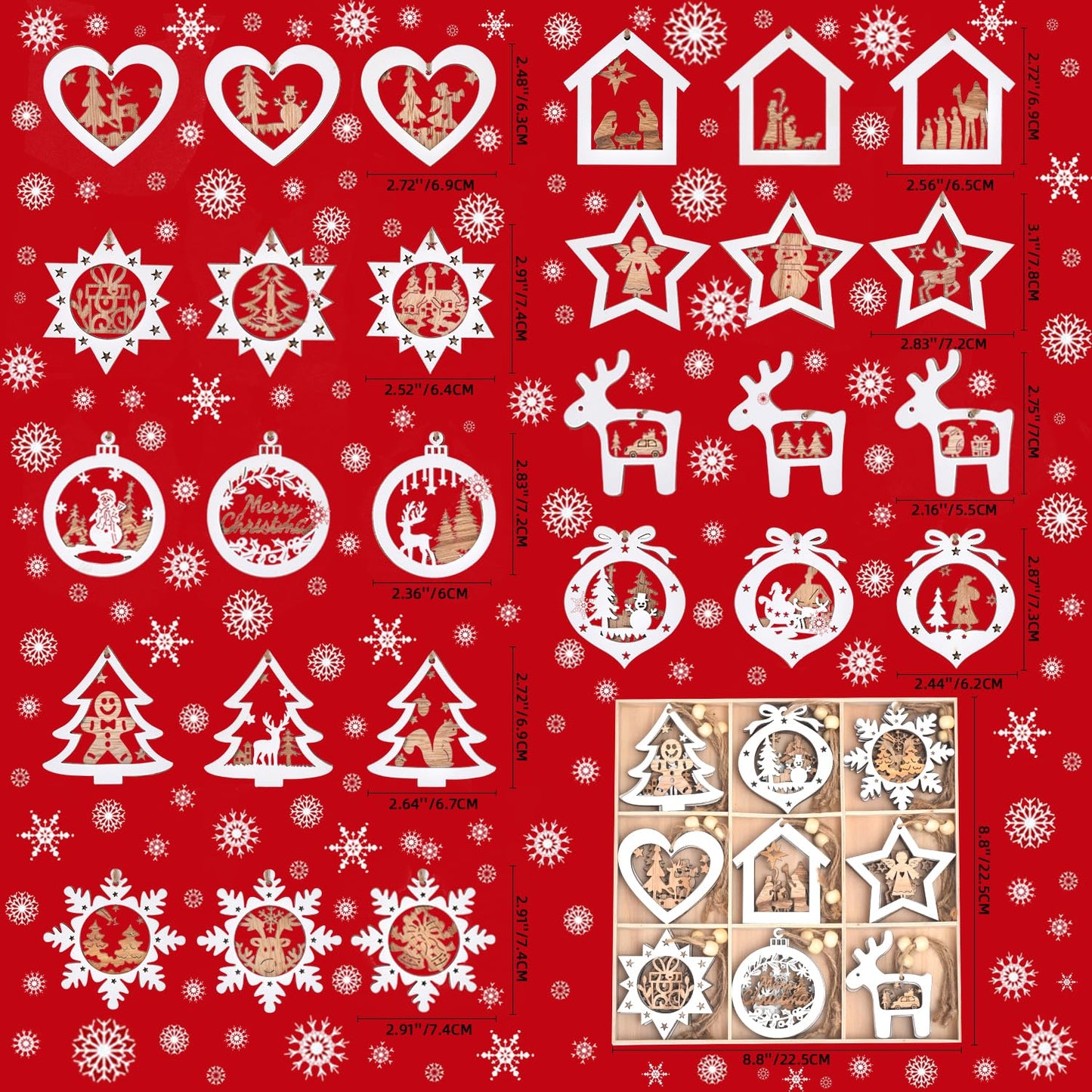 Ovootok Wooden Christmas Tree Ornaments, 27PCs 3D Hanging Christmas Decorations, Rustic Farmhouse & Winter Wonderland Ornaments for Christmas Tree Xmas Party, Santa Claus Snowman Snowflake (White)