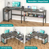 Hyomdeck Reversible L Shaped Gaming Desk with Power Outlets and USB Charging Ports, Sturdy Computer Desk with Storage Shelf, Modern Corner Desk Home Office Table, Easy to Assemble, Gray Oak Hyomdeck