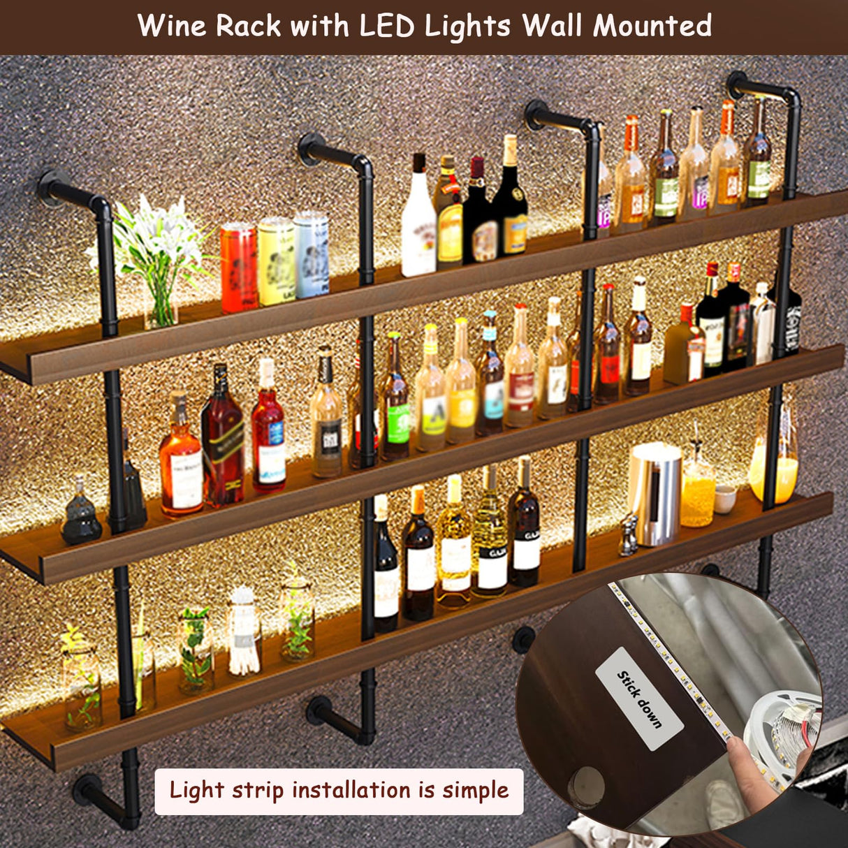 Dawselod 47.2in Large Wine Rack with LED Light Solid Wood Wall Mounted Wine Rack, 3-Tiers Liquor Bottles Floating Shelves Display Storage Organizer for Home Bar & Dining Room (120cm/47.2in) Dawselod