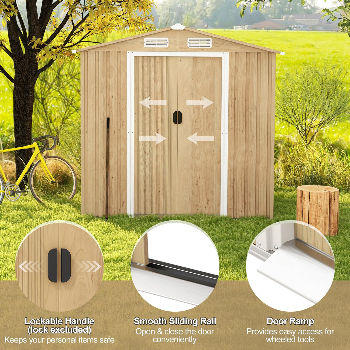 Goplus 6' x 4' Woodgrain Outdoor Storage Shed, Galvanized Metal Tool House Organizer w/ 4 Vents, Lockable Doors, Waterproof Garden Sheds & Outdoor Storage for Backyard, Lawn, Patio, Natural Goplus