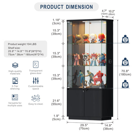 HNEBC 71'' Display Cabinet with Glass Doors&3 Color Lights&Lockable for Bedroom Black,High Gloss Curio Cabinet with Adjustable Glass Shelf 3-Tier Bookcase for Living Room HNEBC