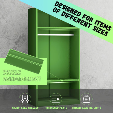 Bonusall Metal Wardrobe Cabinets with Single Rod and 2-Shelves, 70" Heavy-Duty Steel Clothing Storage Cabinets with 2 Doors, Green Armoire Wardrobe Closet for Bedroom, Laundry Room or Living Room Bonusall