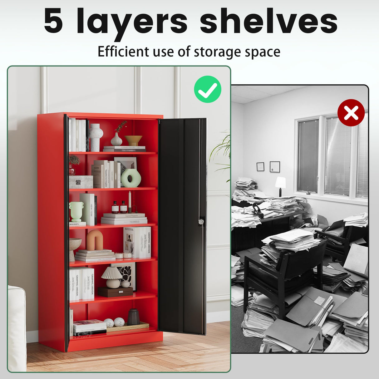 Letaya Metal Storage Cabinets with Lock, 71" Tall Locker Organizer Steel Cabinets, Adjustable Shelves 2 Doors for Home, Office, Warehouse,Garage,Industrial,Employee Lockers (Style B, Black Red) Letaya