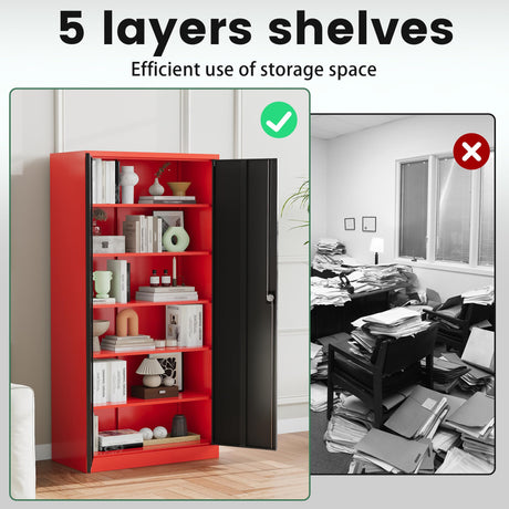 Letaya Metal Storage Cabinets with Lock, 71" Tall Locker Organizer Steel Cabinets, Adjustable Shelves 2 Doors for Home, Office, Warehouse,Garage,Industrial,Employee Lockers (Style B, Black Red) Letaya