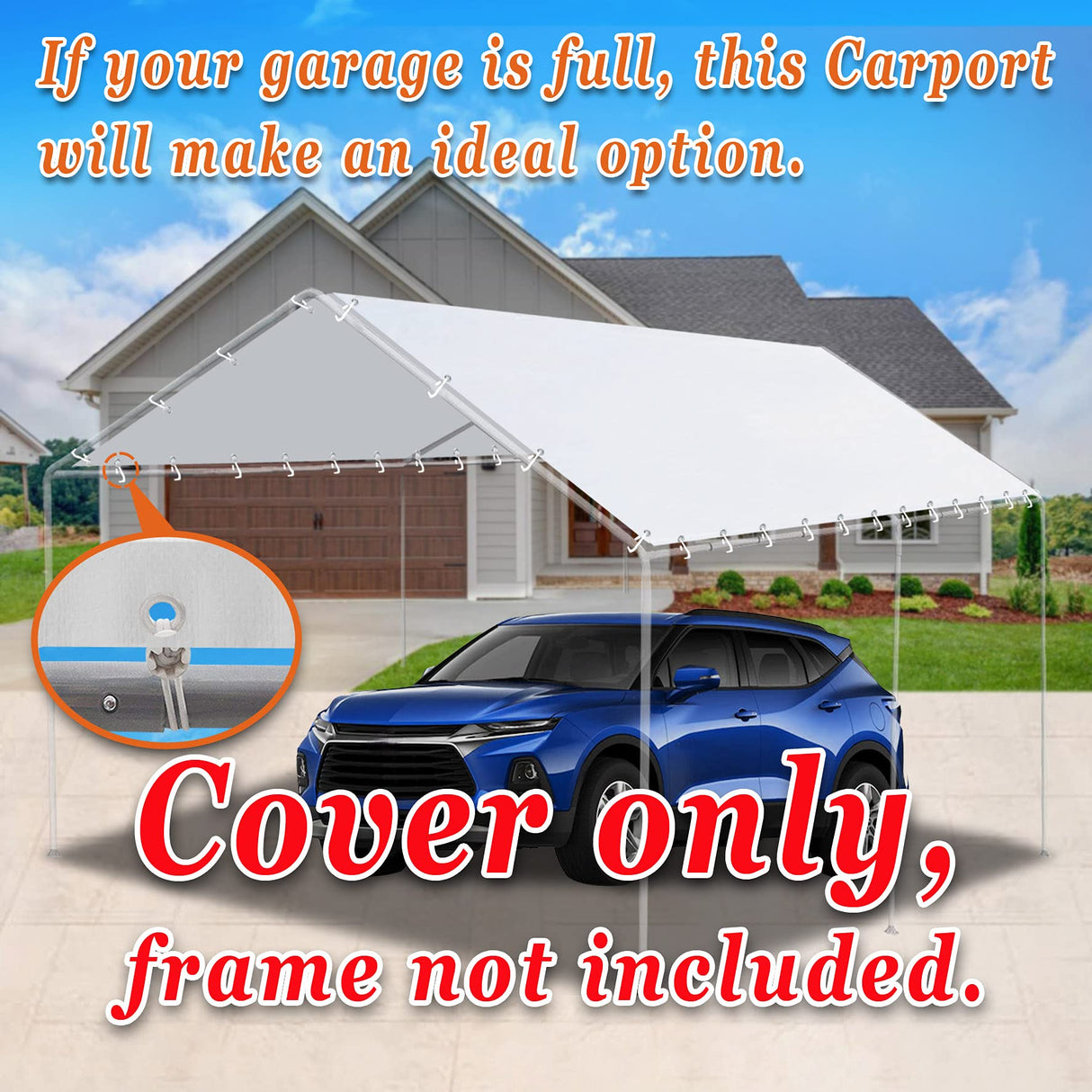 Strong Camel Carport Conopy Cover 10'x20' Replacement for Car Tent Outdoor Top Garage Shelter with Ball Bungees,Without Edge,White(Only Cover, Frame Strong Camel