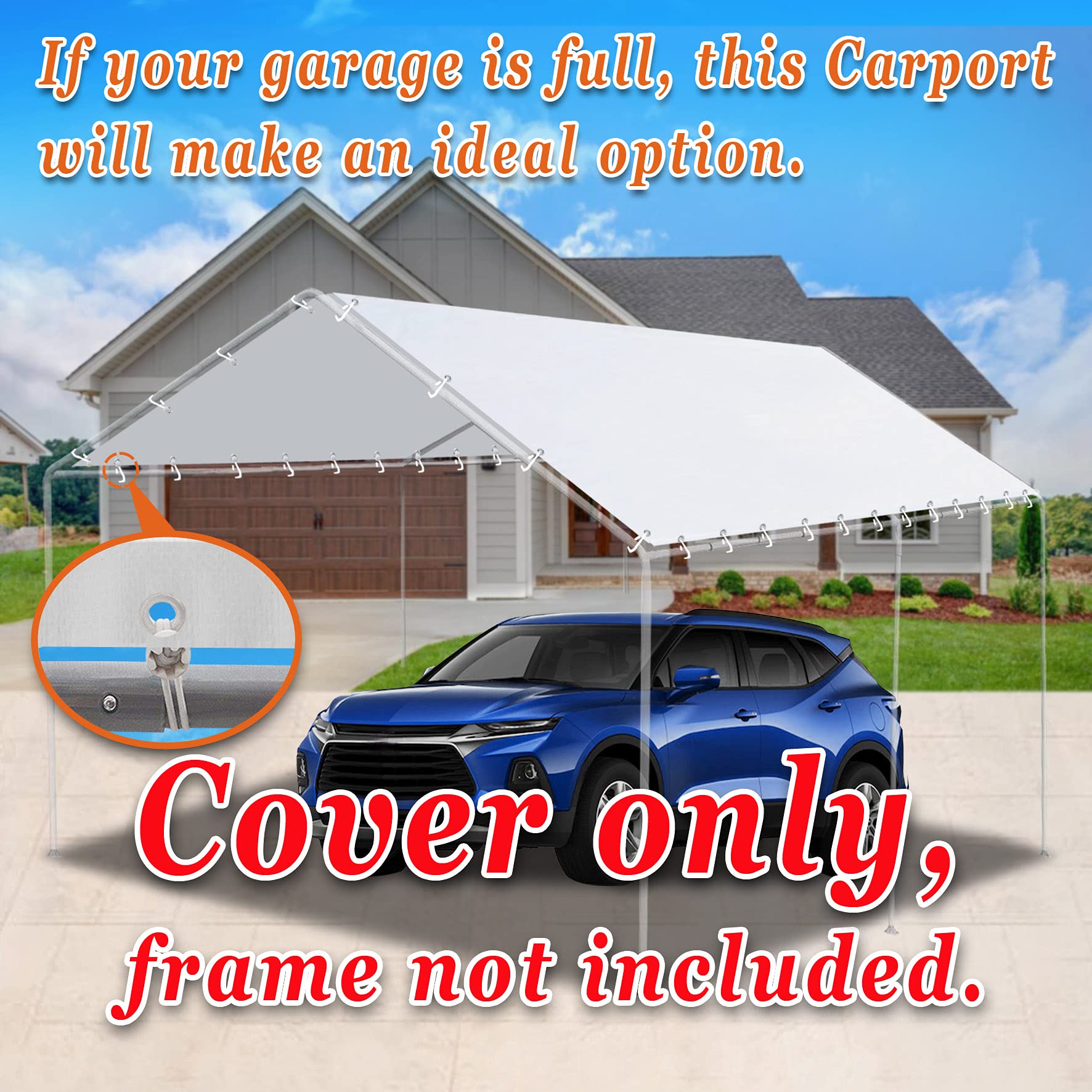 Strong Camel Carport Conopy Cover 10'x20' Replacement for Car Tent Outdoor Top Garage Shelter with Ball Bungees,Without Edge,White(Only Cover, Frame - WoodArtSupply