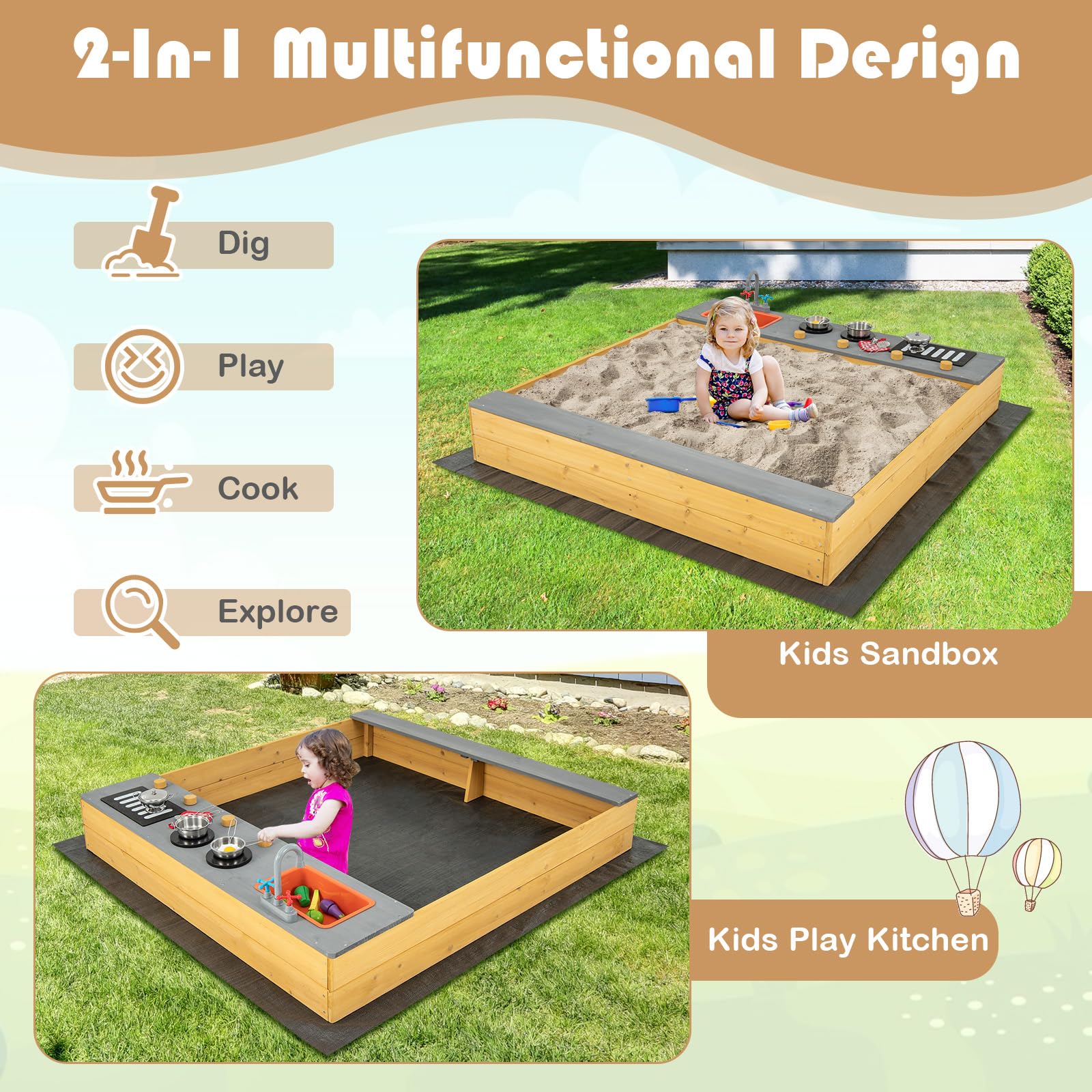 HONEY JOY Kids Sandbox, 2 in 1 Cedar Bottomless Sand Pit & Kitchen Playset, Water Faucet & Sink, Bottom Liner, Realistic Cooking Accessories, Wooden Sand Boxes for Kids Outdoor Backyard - WoodArtSupply