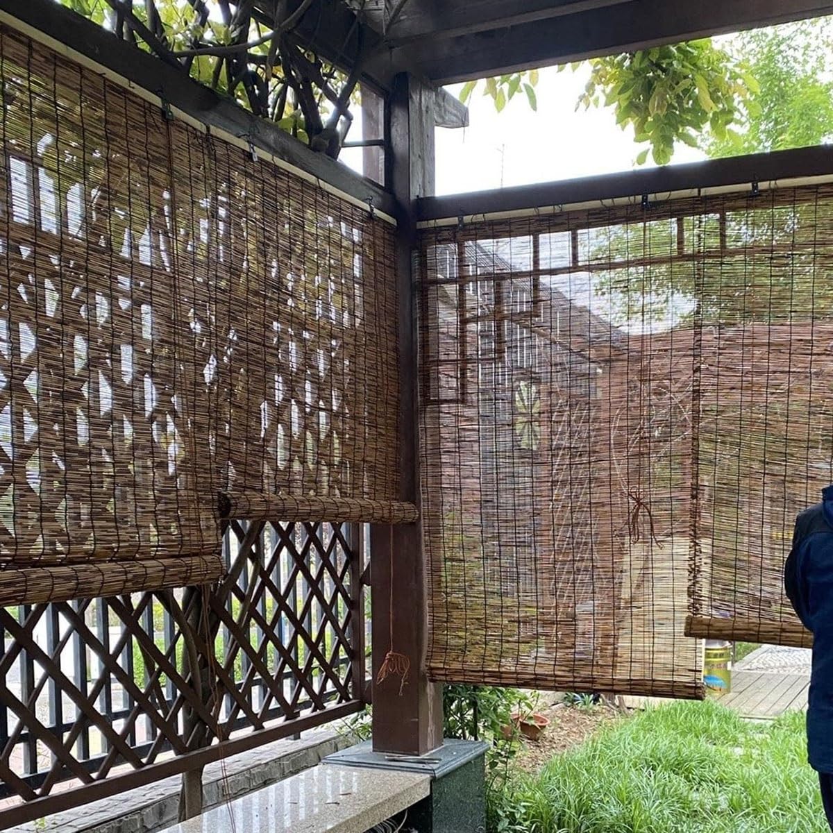 Blackout Bamboo Blinds, Bamboo Roll Up Shades for Indoor Windows, Waterproof Cordless Roller Shades Privacy Partition Outdoor Natural Reed Curtains for Home Patio Porch 25 Inch W x 66 Inch H VELLOW