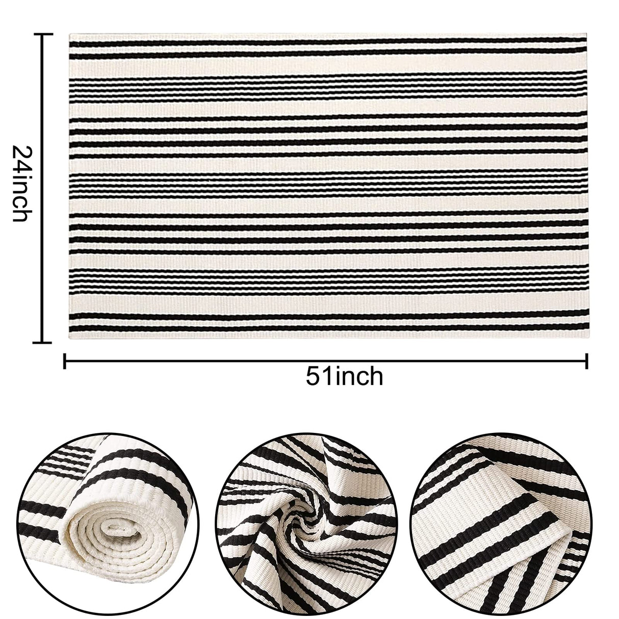 Black and White Striped Outdoor Rug 24'' x 51''Farmhouse Front Porch Mat Hand-Woven Machine Washable Layered Door Mats for Entryway/Bedroom BUAGETUP