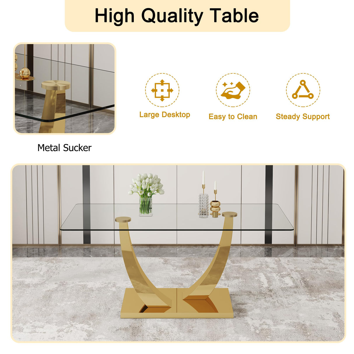 JEARGE Glass Dining Table Set for 6, Modern Kitchen Table Set for 6, 71" Tempered Glass Tabletop with U-Shaped Gold Base, 7 Ppiece Large Dining Room Table Set with White PU Leather Chairs JEARGE