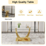 JEARGE Glass Dining Table Set for 6, Modern Kitchen Table Set for 6, 71" Tempered Glass Tabletop with U-Shaped Gold Base, 7 Ppiece Large Dining Room Table Set with White PU Leather Chairs JEARGE