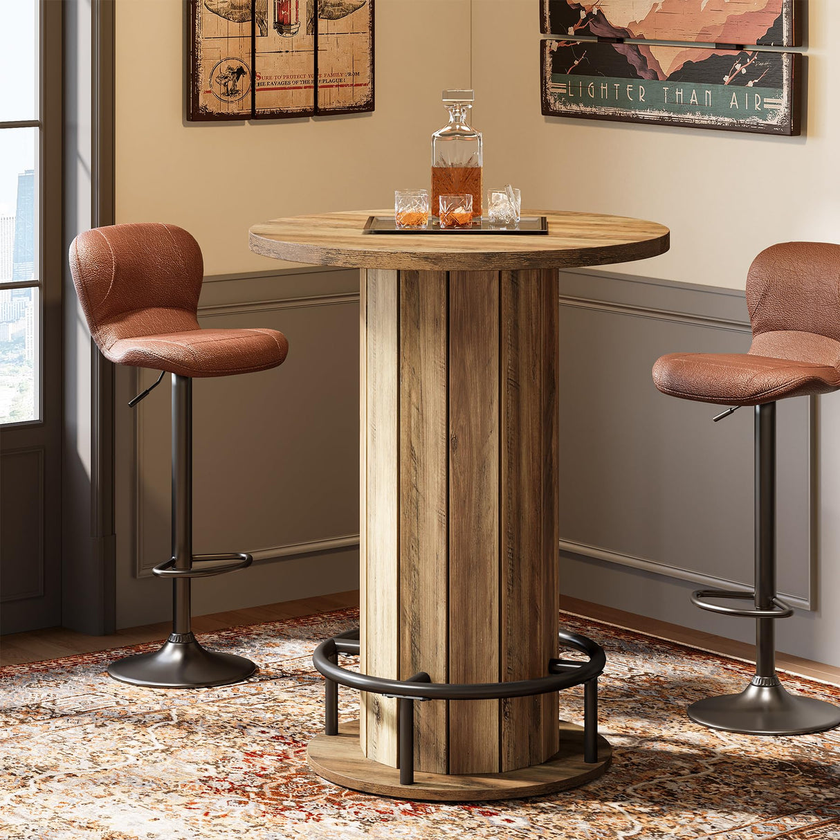 Tribesigns Round Bar Table, 39.4" H Wood Bistro Pub Table with Metal Ring Footrest for Dining Coffee Cocktail Living Room, Small Space, Brown(Only Table) Tribesigns