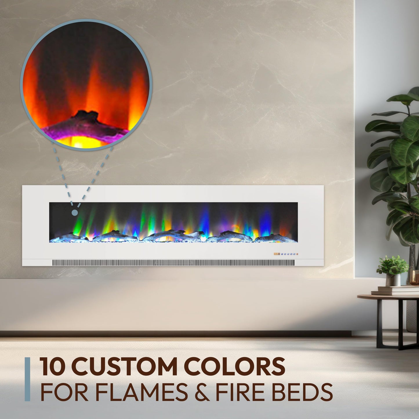 Cambridge 60 Inch Wall Mount Electric Fireplace Heater with Remote Control, Multicolor Flames, and Driftwood Log Display for Indoor Use in Living Room, Bedroom, Home Office, White