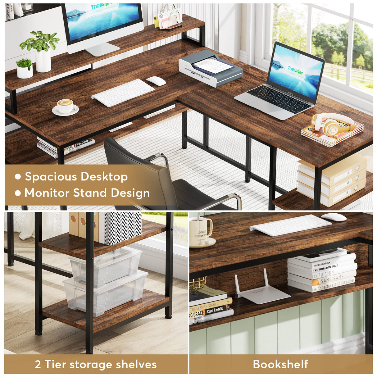 Tribesigns L Shaped Desk with Shelves, 59" Large Corner Computer Desk with Monitor Shelf, Reversible Home Office Desk with Bookshelf and Metal Frame, Two Person Desk, Rustic Brown Tribesigns