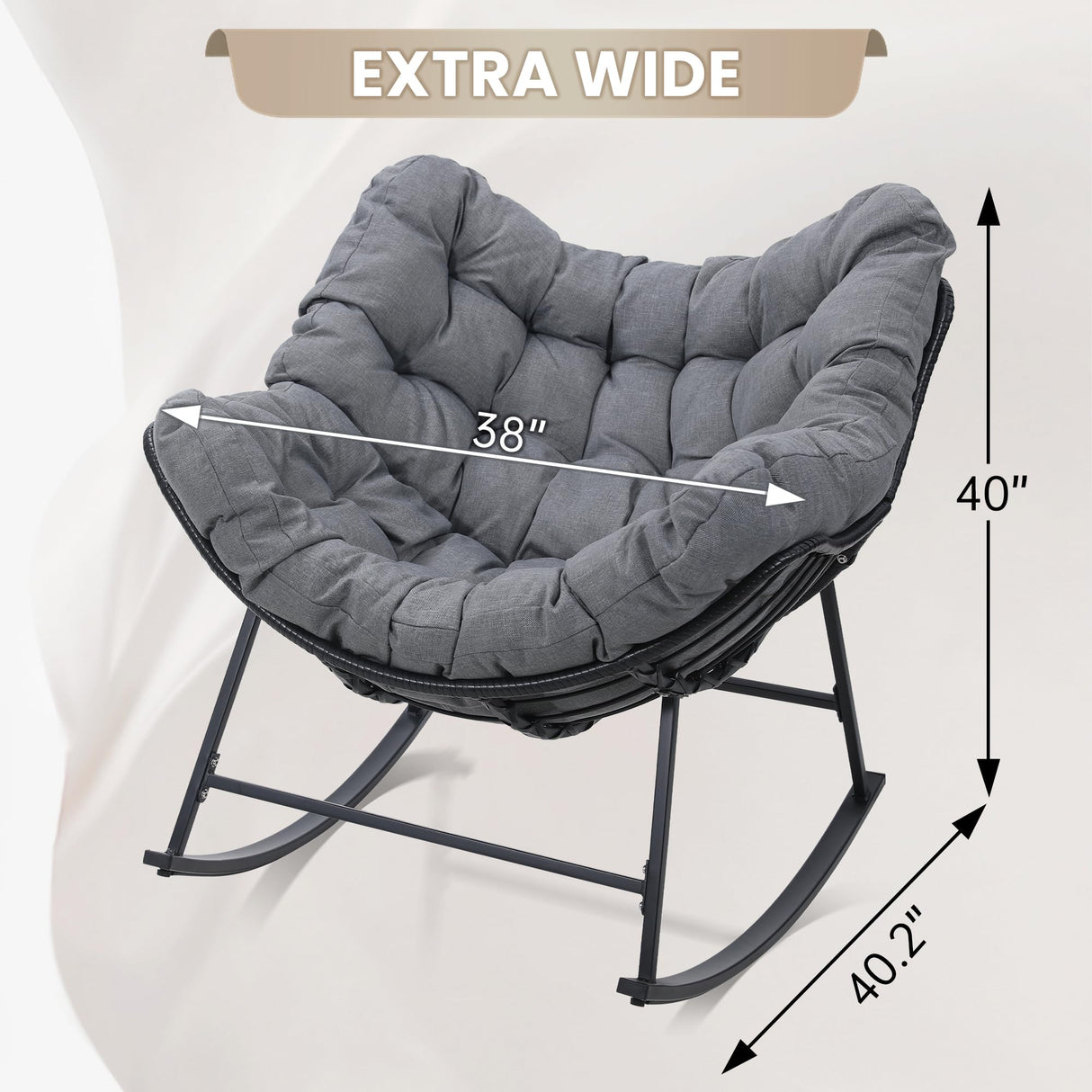 Kromax Oversized Outdoor Papasan Rocking Chair, Wicker Egg Chair Rocker for Outside, Comfy Patio Rocker, Large Indoor Rocking Recliner, Modern Egg Style, Grey Kromax