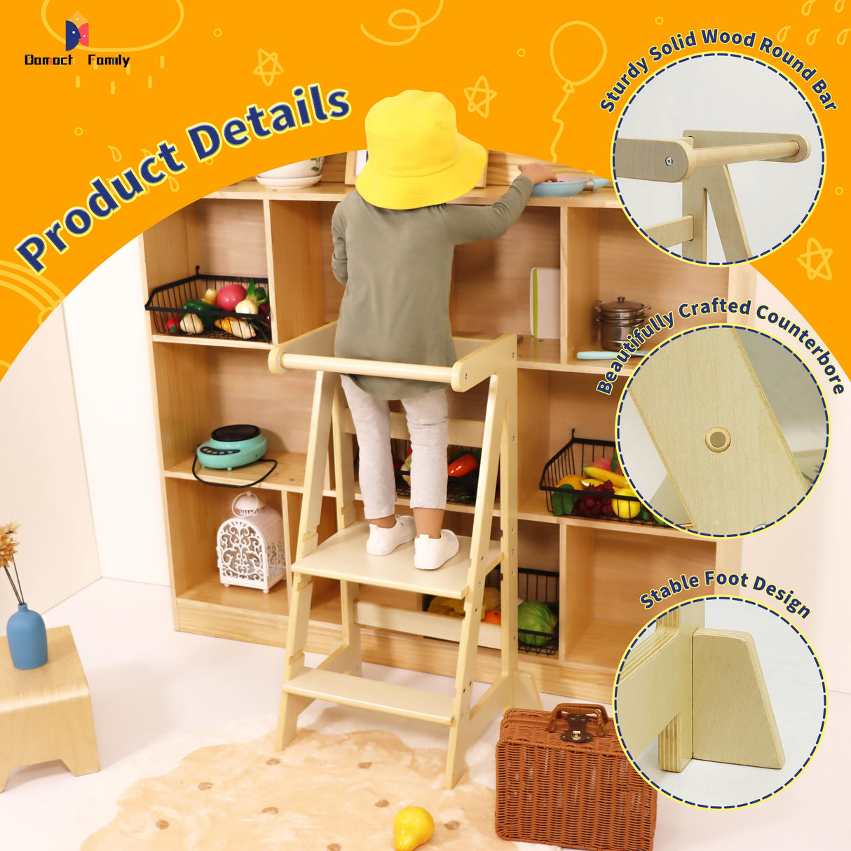 Damoch Family™ Wooden Kids Learning Tower, Adjustable Toddler Kitchen Step Stool, Montessori Kitchen Tower with Safety Rail Damoch Family