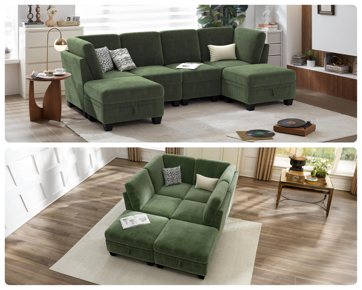 CHIC HOUSE Modular Sectional Sofa Corduroy Couch, Customizable U-Shaped Sofa with Storage Ottoman, Reversible Chaise for Living Room, Oversized L-Shaped Sofa Set (Green, 6 Seater Compact Sleeper) CHIC HOUSE