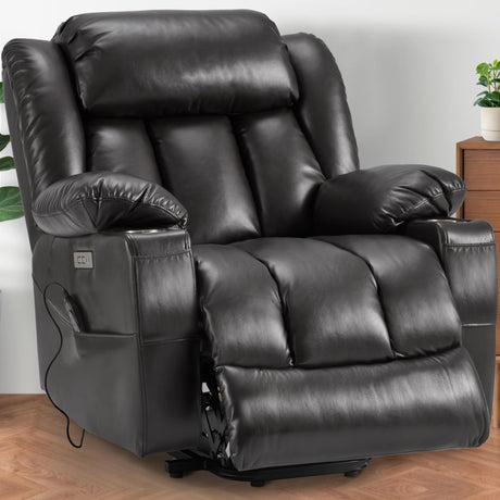 Outspurge Power Lift Recliner Leather Chair Sofa with Massage & Heat, Lazy Boy Chair with Cup Holders, USB & Type-C Ports, Remote Control (Black) Outspurge