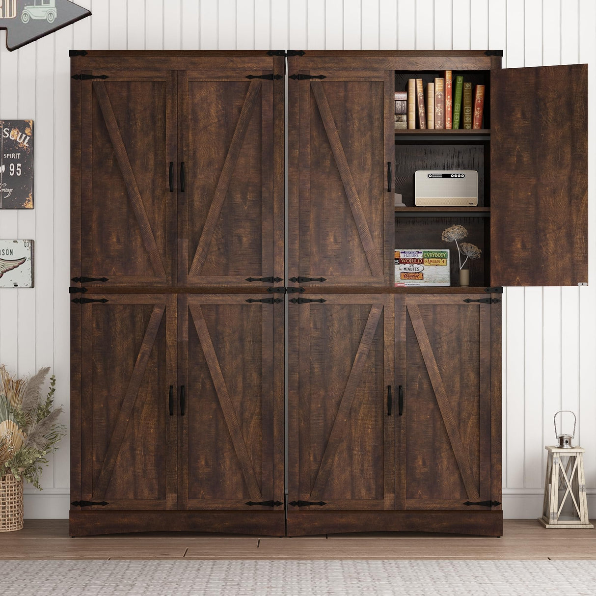 chartustriable 71in Farmhouse Kitchen Pantry Cabinet,Tall Storage Cabinet with 4 Doors and Adjustable shelves,with Load-Bearing Steel Pipe,Wood Storage Cabinets for Kitchen,Dining Room,Bathroom(Brown) chartustriable