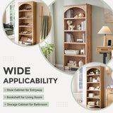 IFGET 76" Tall Arched Bookcase, Farmhouse 5 Tiers Large Arched Bookshelf Cabinet with Adjustable Shelves, Modern Wooden Book Shelf w/Storage and Open Display Shelves for Living Room, Office-Natural IFGET