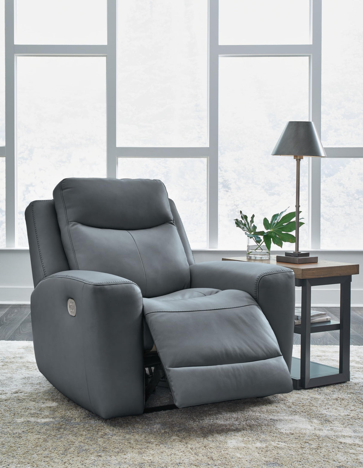 Signature Design by Ashley Mindanao Contemporary Leather Match Upholstered Power Recliner with Adjustable Headrest, Gray Signature Design by Ashley
