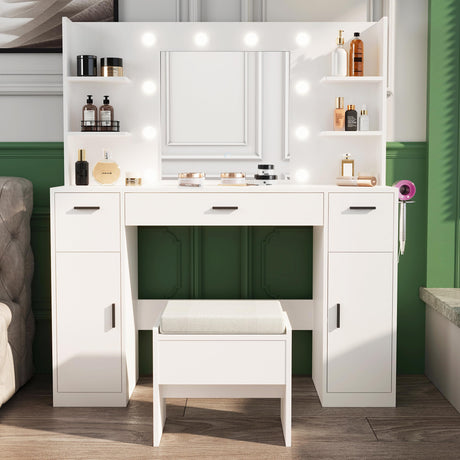 MECHYIN Vanity Desk with Lights, Make up Vanity Desk with Mirror and Power Outlet, Large Makeup Vanity with Dividers and Hair Dryer Rack, Vanity Set 3 Lighting Modes Brightness Adjustable MECHYIN