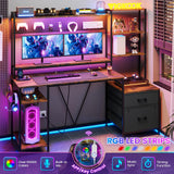 VIGKOOK 65in Gaming Desk with Hutch and Power Outlets, LED Lights, 2 Drawers, and Ample Storage in Rustic Brown VIGKOOK