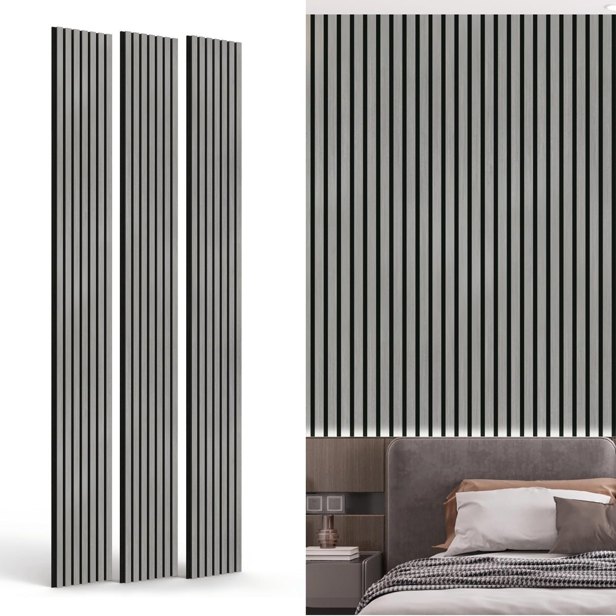 INNO STICKERS 3-Piece Wood Slat Wall Panel for Interior Wall Decor Noise Cancelling 94.5" x 11.4" Acoustic Decorative 3D Sound Absorbing Wall Paneling, Gray Oak, 22.4 Sq.Ft INNO STICKERS