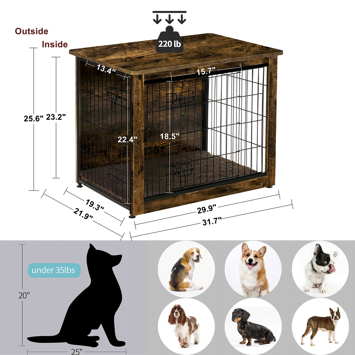 DWANTON Dog Crate Furniture with Cushion, Wooden Dog Crate Table, Double Doors Dog Furniture, Indoor Dog Kennel, Dog House, Dog Cage Medium, 32.5" L, Rustic Brown Dwanton