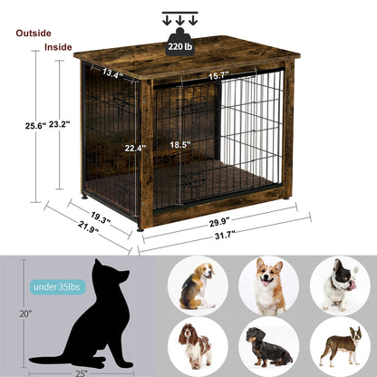 DWANTON Dog Crate Furniture with Cushion, Wooden Dog Crate Table, Double Doors Dog Furniture, Indoor Dog Kennel, Dog House, Dog Cage Medium, 32.5" L, Rustic Brown - WoodArtSupply