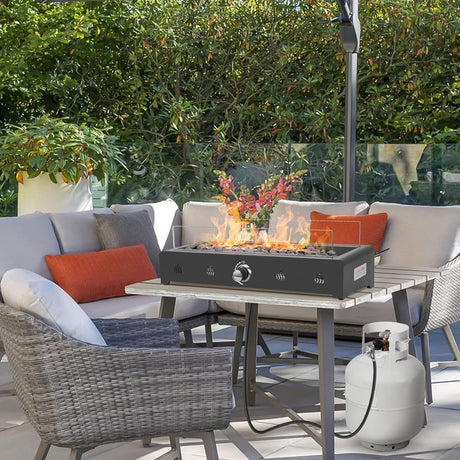 Onlyfire 28 Inch Tabletop Gas Fire Pit, Outdoor Propane Fire Pit Bottom Mounted with Glass Wind Guard and Lava Rock, Rectangular Smokeless Fire Table Indoor Outdoor Fireplace onlyfire